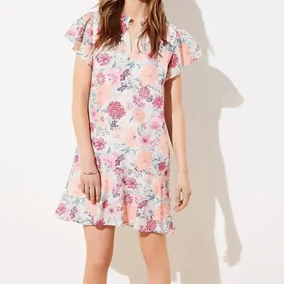 Ann Taylor LOFT Pink Champagne Floral Flutter Sleeve Mini Dress Size X-Small NWT - Picture 1 of 10